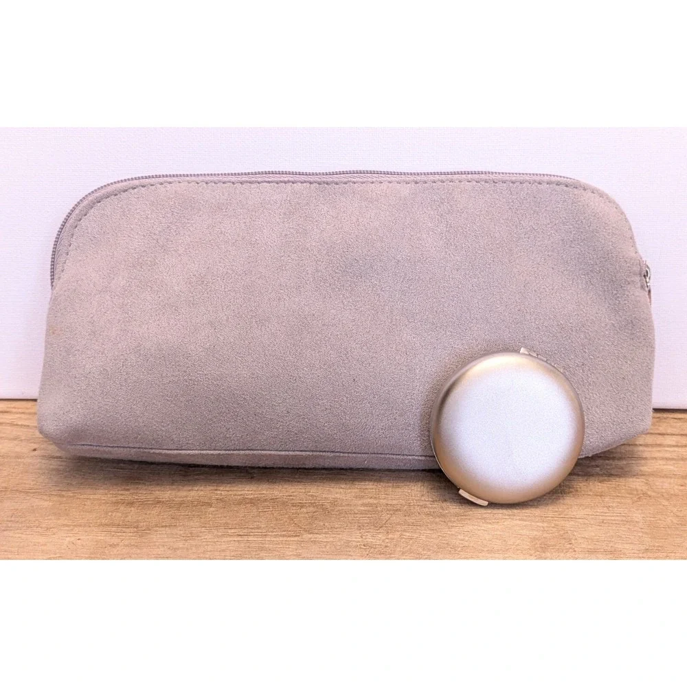 Estee Lauder Faux Suede Gray Cosmetic Zipper Bag Pouch Clutch + Travel Mirror